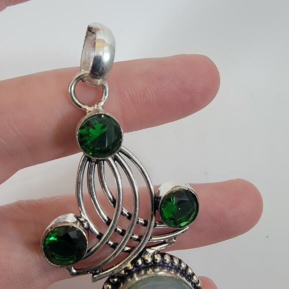 Handmade Silver Pendant with Teardrop Blue Agate and Green Quartz Gemstones Trio - Picture 4 of 10